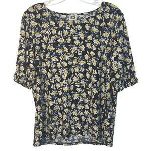 Anne‎ Klein Floral Print Top Black Yellow White 3/4 Ruched Sleeve Summer Size M
